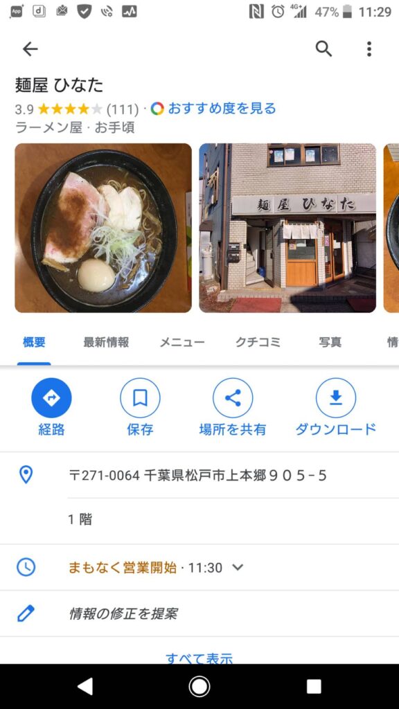 松戸市上本郷、麺屋 ひなたさん：Google評価